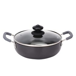 Royalford 20cm Round Aluminium Hard Anodized Deep Kadai with Tempered Glass Lid, RF11703, 7.5x29.5x20 cm, Black