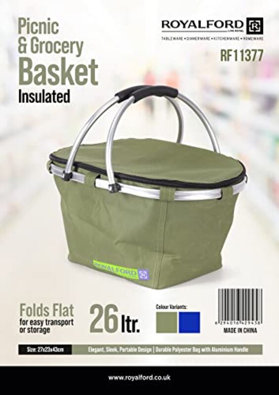 Royalford Insulated Picnic & Grocery Basket, 26L, RF11377, Green