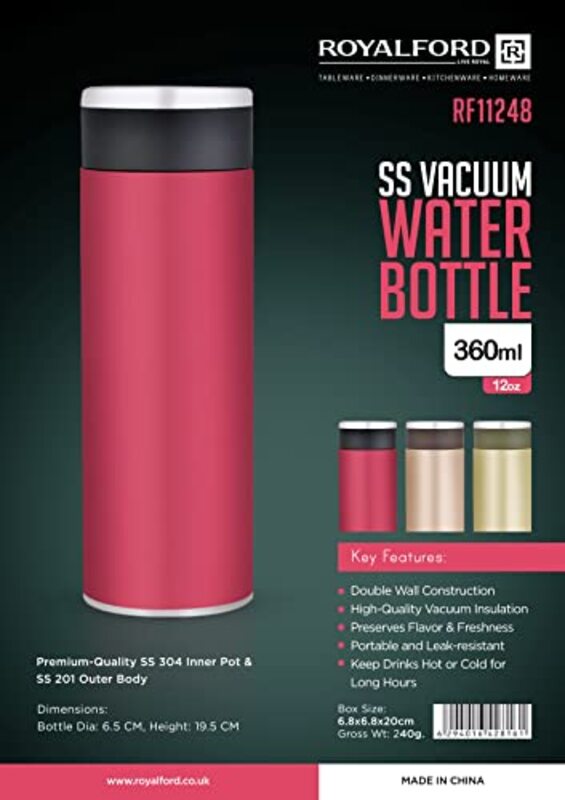 Royalford 360ml Stainless Steel Vacuum Water Bottle, RF11248, Rose Gold