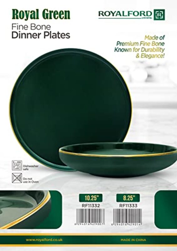 Royalford 8.25-inch Fine Bone China Round Dinner Plate, RF11333, Royal Green