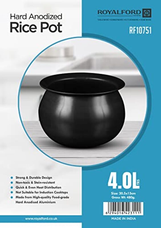 Royalford 4 Ltr Hard Anodised Strong & Durable Design Stain-Resistant Cooking & Serving Rice Pot, Black