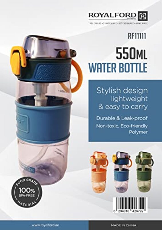 Royalford 550ml BPA-Free Leak Proof Plastic Water Bottle, RF11111, Multicolour