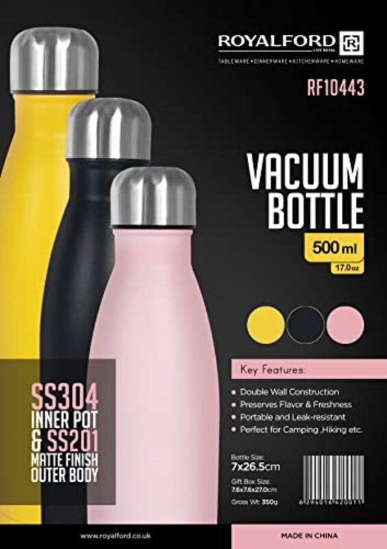 Royalford 500ml Leak Proof Stainless Steel Bottle, RF10443, Multicolour