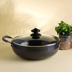 Royalford 24cm Round Aluminium Hard Anodized Deep Kadai with Tempered Glass Lid, RF11704, 8x34.5x24 cm, Black