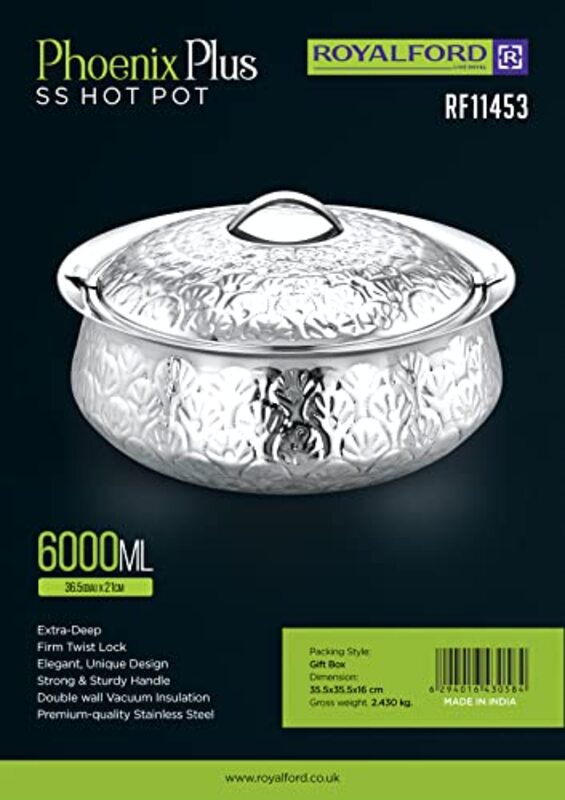 Royalford 6 Ltr Phoenix Plus Round Stainless Steel Hotpot, RF11453, 35.5x16x35.5 cm, Silver