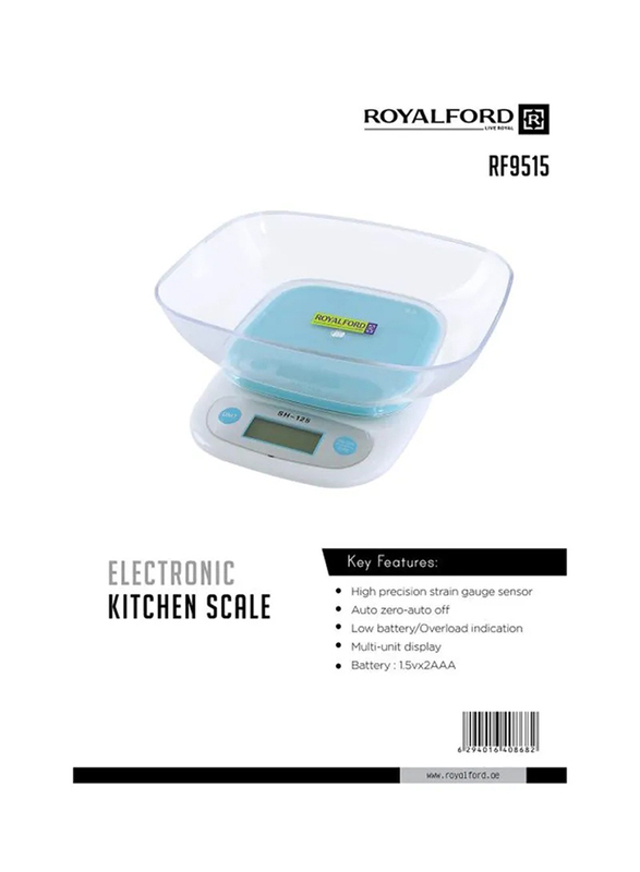RoyalFord Electronic Kitchen Scale, RF9515, Clear/Blue/White
