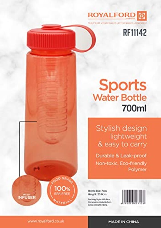 Royalford Polymer Sports Water Bottle with Infuser, 700ml, Red