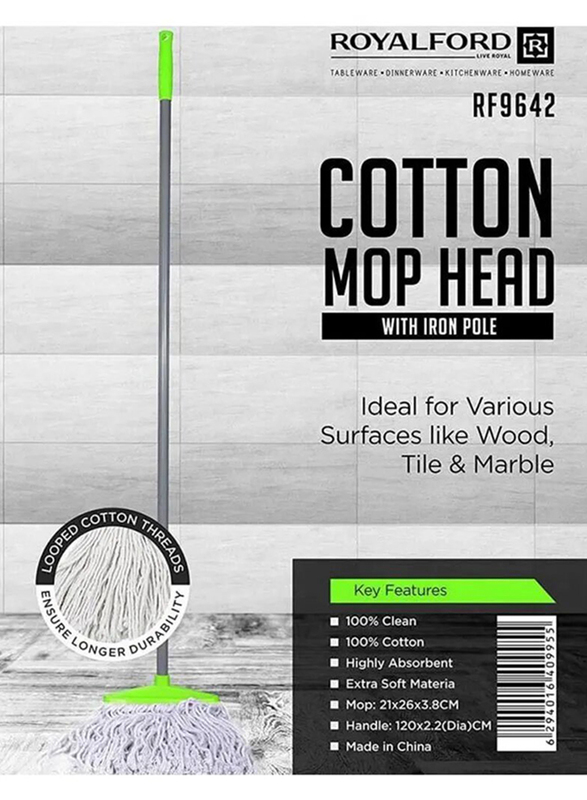 RoyalFord Cotton Mop Head with Iron Pole, Grey/White