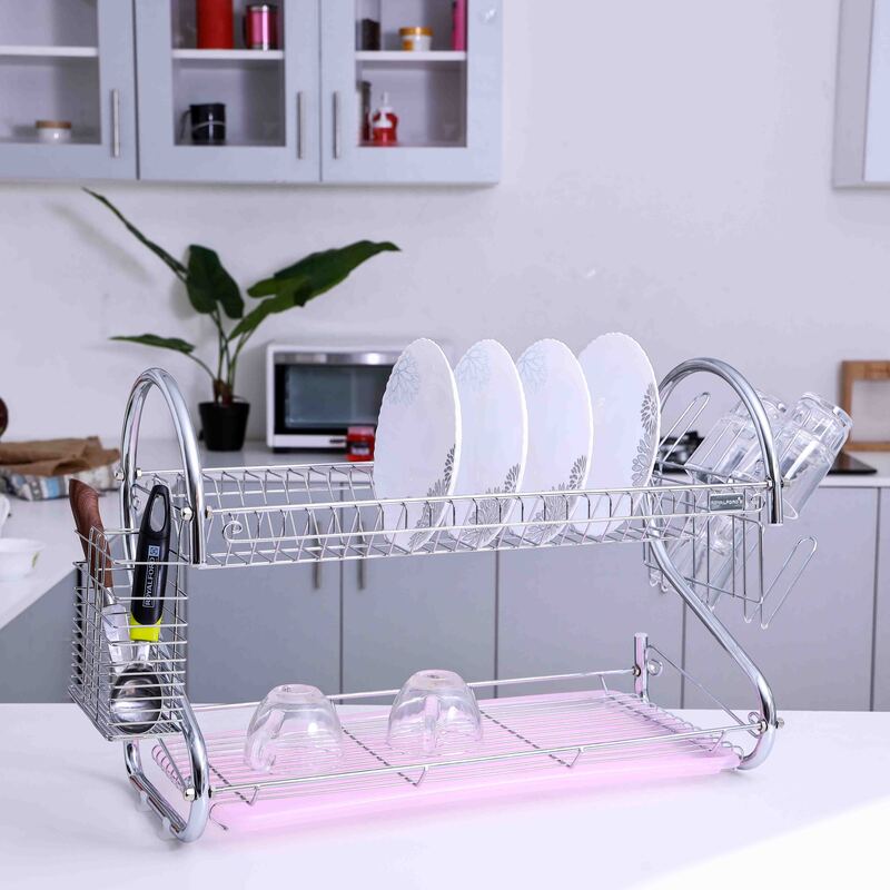 RoyalFord 2 Layer Metal Dish Rack with Drip Tray, RF1151DRL, Silver/Blue