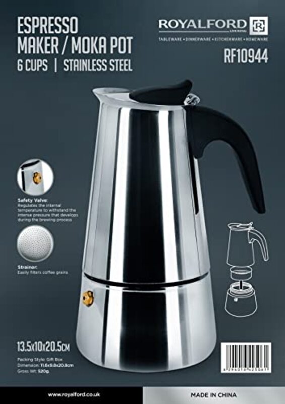 Royalford 1L Stainless Steel Espresso Maker/Moka Pot, RF10944, Silver