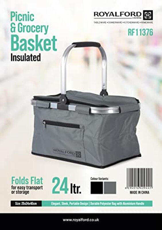 Royalford Insulated Picnic & Grocery Basket, 24L, RF11376, Grey