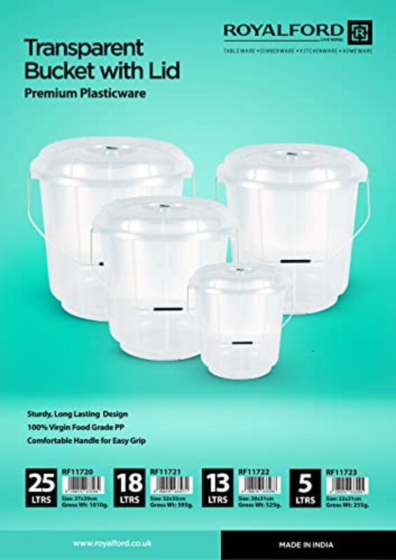 Royalford Transparent Plastic Bucket With Lid, RF11722, Clear, 13L