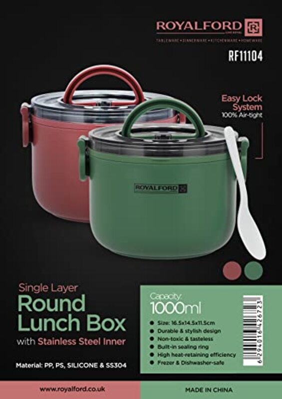 Royalford Single Layer Inner Stainless Steel Round Lunch Box, 1000ml, RF11104, Multicolour