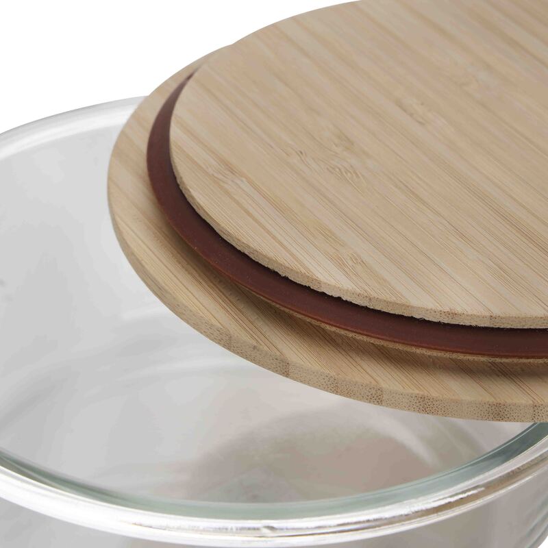 RoyalFord Round Glass Food Container with Bamboo Lid, 650ml, RF10324, Clear