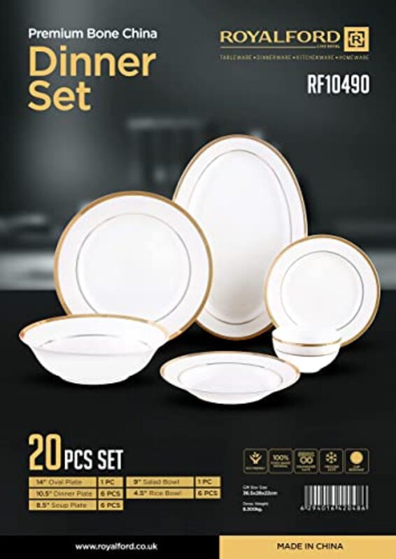 Royalford 20-Piece Premium Porcelain Dinner Set, RF10490, White