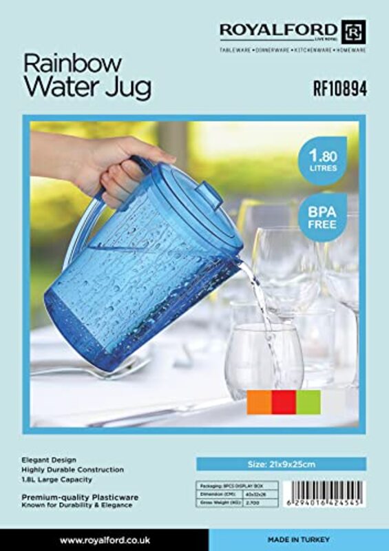 Royalford 1.8 Ltr Plastic Rainbow Water Jug with Comfortable Handle, Blue