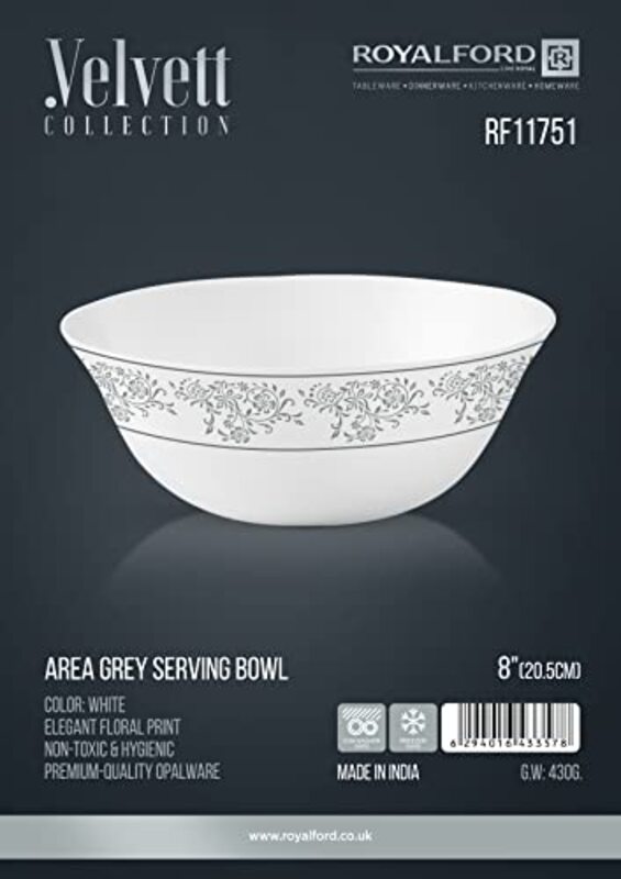 Royalford 8-inch Opal Ware Round Velvett Collection Area Grey Serving Bowl, RF11751, White