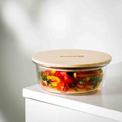 RoyalFord 1300ml Round Glass Food Container with Bamboo Lid, RF10326, Brown/Clear