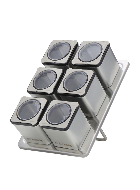 RoyalFord 6 in 1 Jars Spice Rack Set with Revolving Stand, 100ml, Grey/Clear