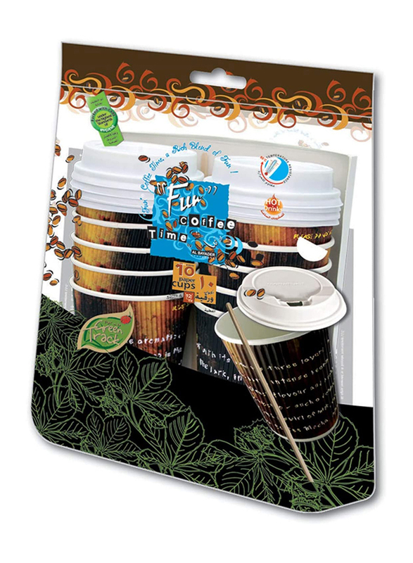 Fun 12oz 10-Piece Green Track Coffee Time Ruffles Paper Cup Set with Lid and Stirrer, Brown