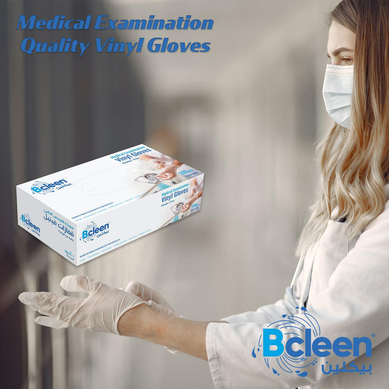 Bcleen High Quality Vinyl Non Powdered Disposable Gloves for Medical Examination, Large, 100 Pieces