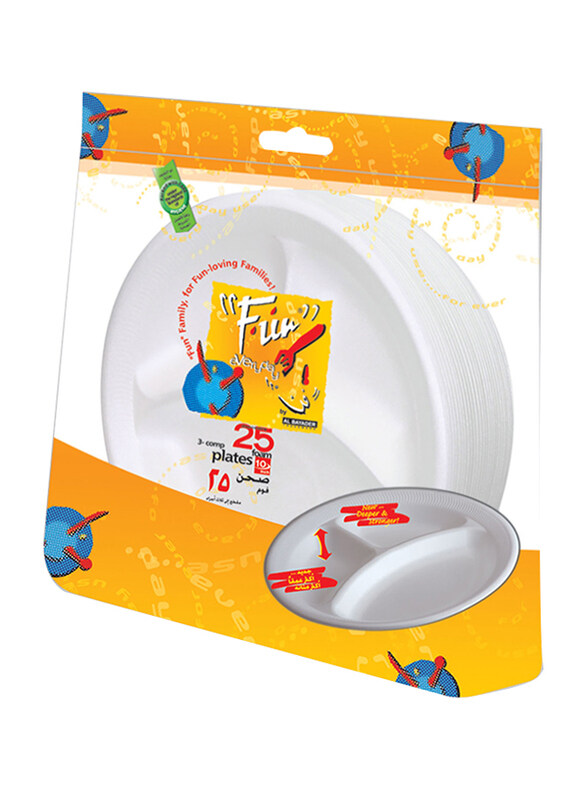 

Fun 10-inch 25-Piece Everyday Disposable Thermocol Foam Plate with 3 compartment, White