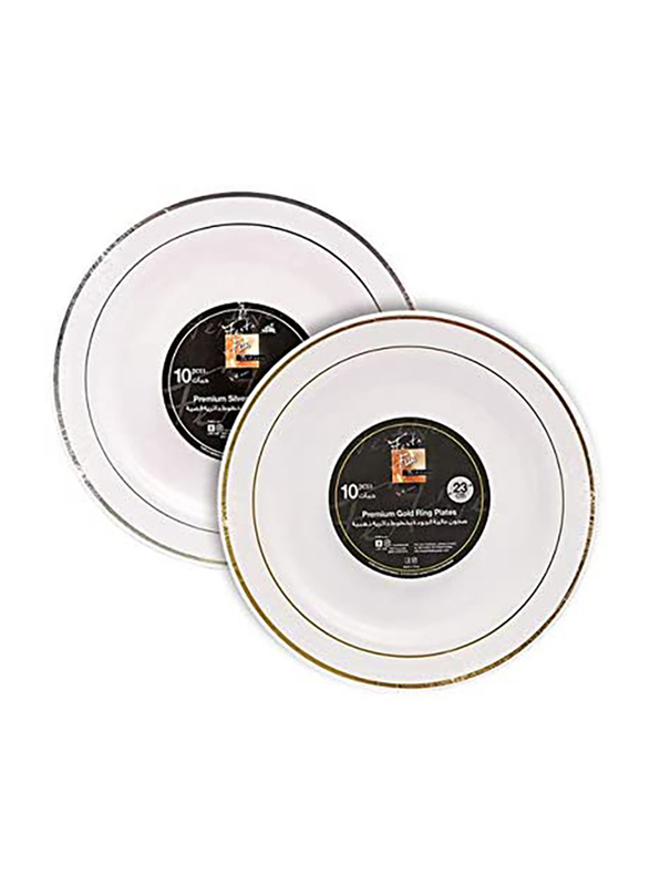 Fun 23cm 10-Piece Festive Premium Ring Pattern Round Plate Set, White/Silver/Gold