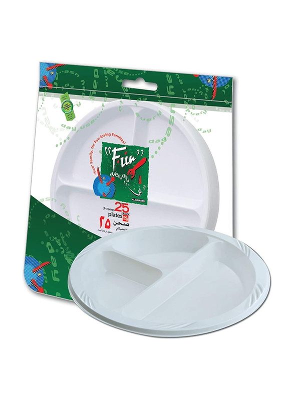 Fun 26cm 25-Piece Everyday Disposable Plastic Plate Set with 3 Compartment, White
