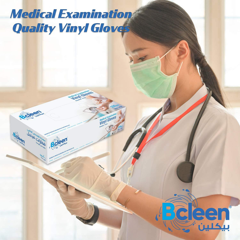 Bcleen High Quality Vinyl Non Powdered Disposable Gloves for Medical Examination, Extra Large, 100 Pieces