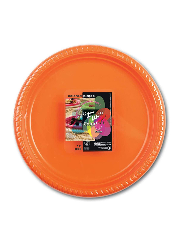 Fun Large 10-Piece Color Party Round Plastic Dinner Plates Set, Orange