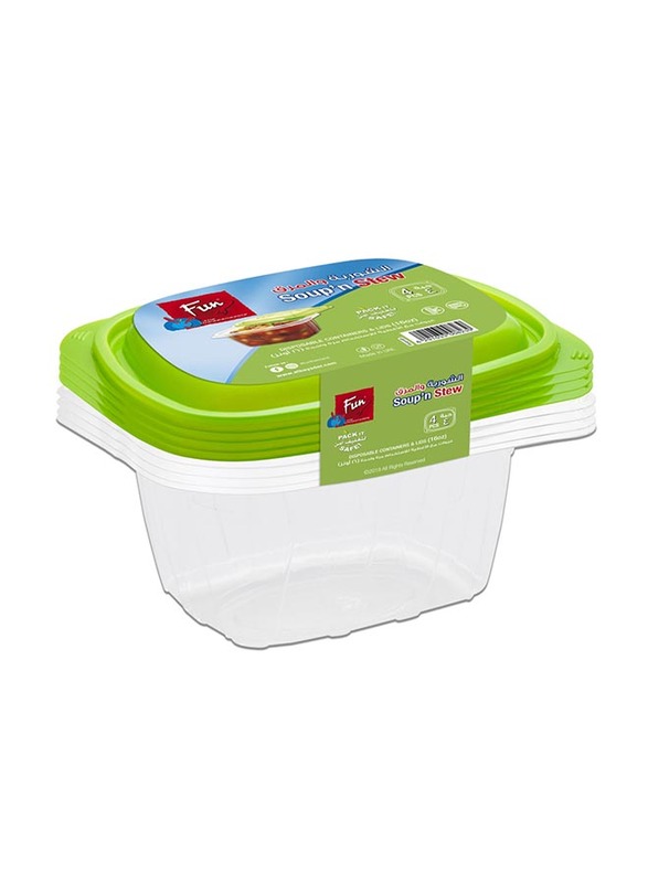 Fun 4-Pieces Indispensable Disposable Multipurpose Plastic Food Containers with Lids, 16oz, Clear/Green
