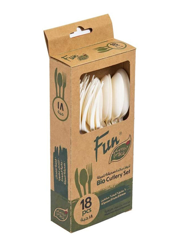 

Fun 18-Piece Green Track Eco Friendly Disposable Heavy Duty Bio Degradable Spoon + Fork + Knife Cutlery Set, White