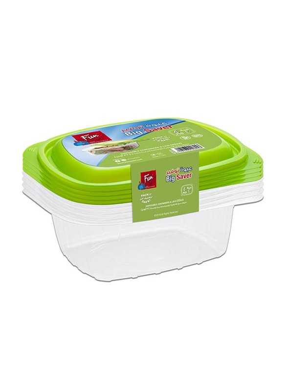 Fun 4-Pieces Indispensable Disposable Multipurpose Plastic Food Containers with Lids, 32oz, Clear/Green