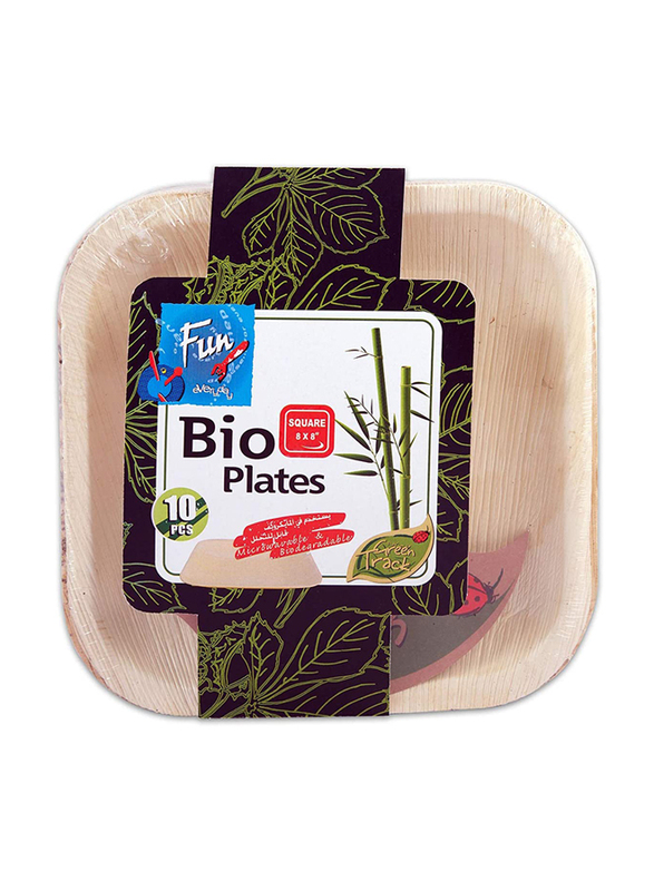 Fun 8-inch 10-Piece Everyday Biodegradable Microwave Palm Leaf Organic & Eco Friendly Square Plate, Beige