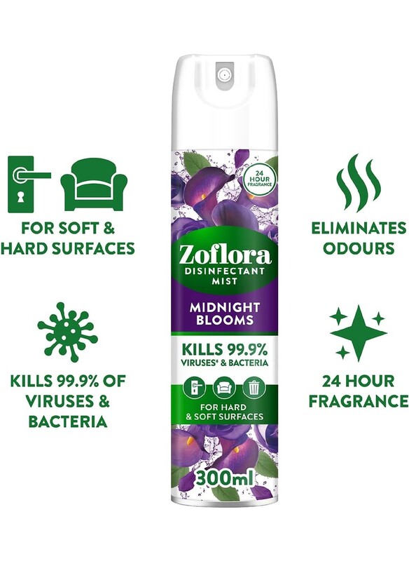 Zoflora Disinfectant Mist Midnight Blooms 300ml Aerosol Spray, Removes odour, Effective upto 24 Hours, eliminating bacteria and viruses.