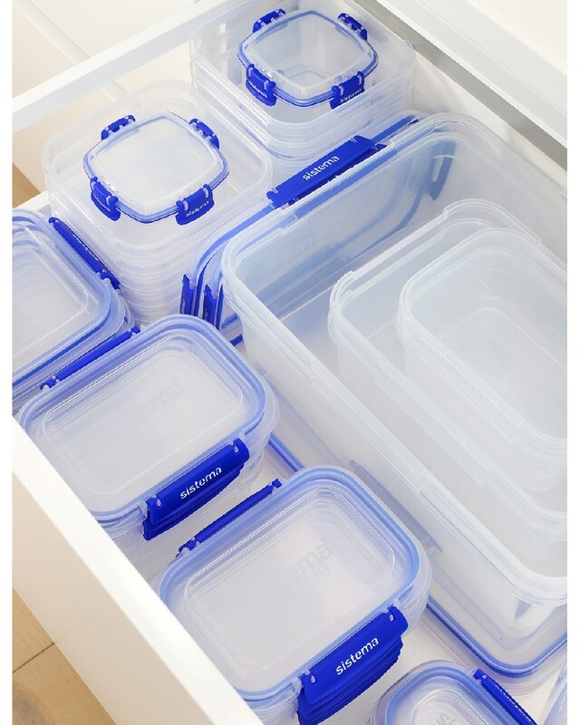 Sistema 2.2 Liter Klip it Rectangular stackable Food Container Pack of 3, built with leak proof seal + easy locking clips, is Microwave, dishwasher safe and Phthlate & BPA Free.