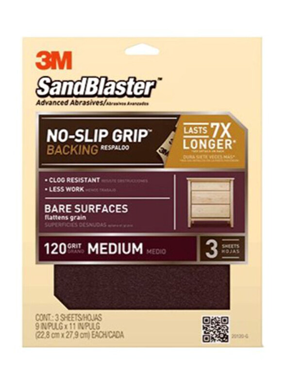 3M 120 Grit Sandpaper, 9 x 11 inch, 3 Pieces, Maroon