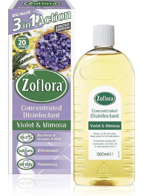 Zoflora Concentrated Multipurpose Disinfectant & Odor Eliminator, 3 in 1 Action, 500ml, Violet & Mimosa, Effective against bacteria & Viruses.