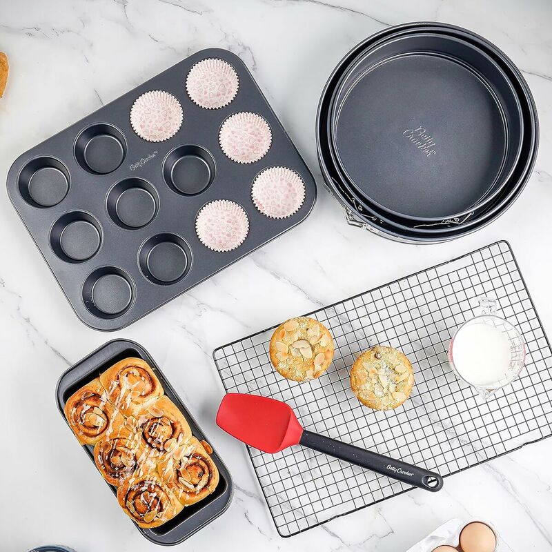 Betty Crocker Baking SET 8 Pcs (3*springform + 1*Muffin Pan 12 cups + 1*Loaf Pan+ 1*Measure cup 360ml + 1*Cooling Rack + 1*Silicon spatula) Thickness 0.4M