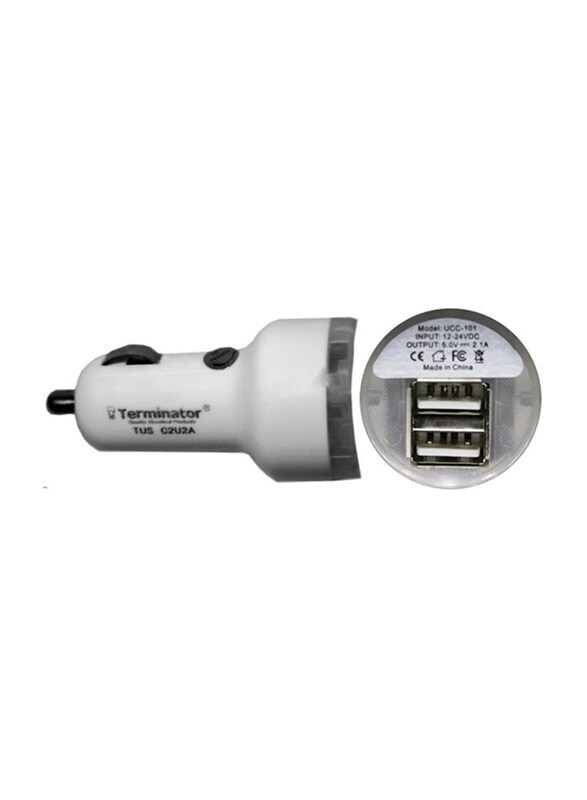 

Terminator USB Car Charger with 2.1A Dual USB Ports, White