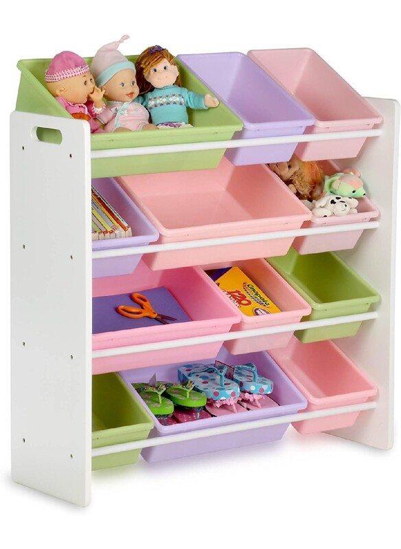 Homesmiths 4 tier Toy Storage Organizer For Kids White Color, 12 Pastel Colors Plastic Bins Perfect for Home, Play Schools and Kindergarten D39.8Cm x W85.5Cm x H88.3Cm