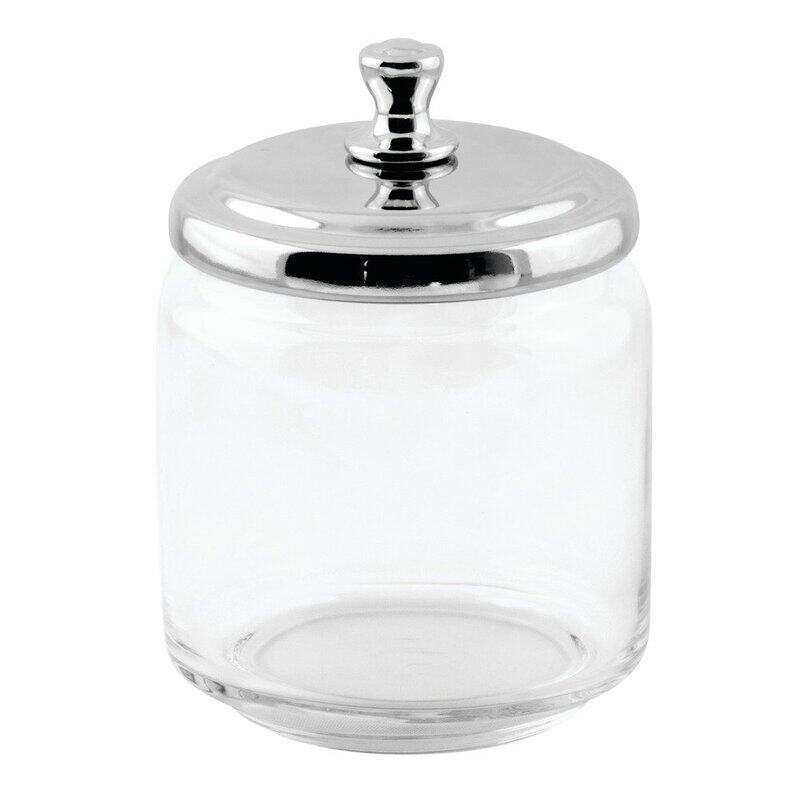 

iDesign York Bathroom Vanity Glass Apothecary Jar for Cotton Balls Swabs Cosmetic Pads, Clear/Silver