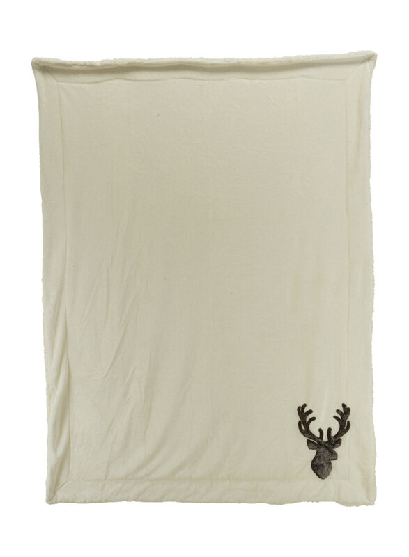 

Kaemingk Polyester Flannel Embroidered Faux Fur Deer Head Throw, Off White