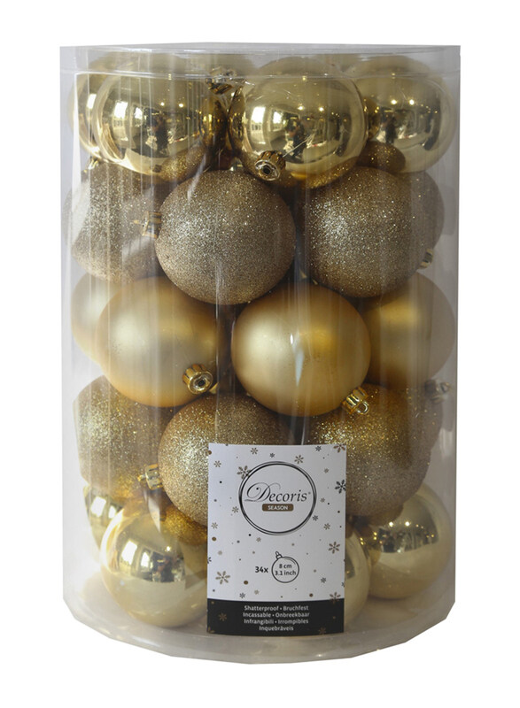 

Kaemingk Decoris Shatterproof Christmas Baubles, 34 Pieces, 8cm, Light Gold