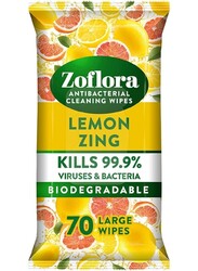 Zoflora Lemon Zing 70 Large Biodegradable Wipes, Antibacterial Multi-surface Cleaning Wipes, Quick Cleaning, Eliminates viruses and bacteria, Removes grease and grimes.