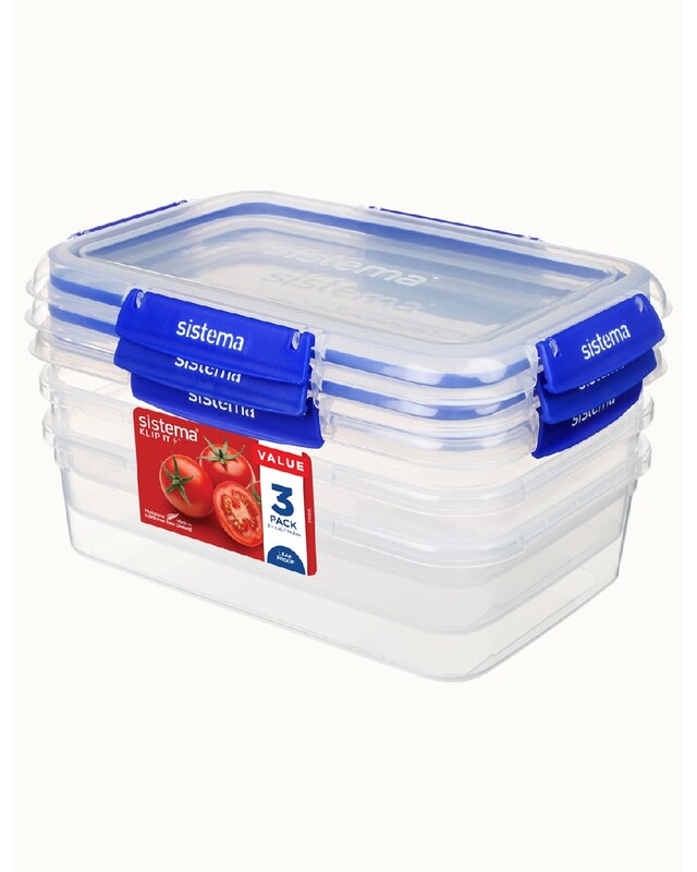 Sistema 2.2 Liter Klip it Rectangular stackable Food Container Pack of 3, built with leak proof seal + easy locking clips, is Microwave, dishwasher safe and Phthlate & BPA Free.