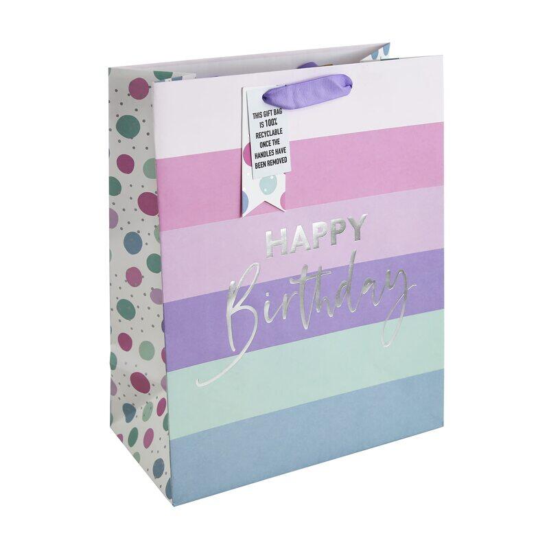 

Eurowrap Stripes and Dots Kraft Happy Birthday Gift Bag With Gift Tag 100% Recyclable, Large, Multicolour