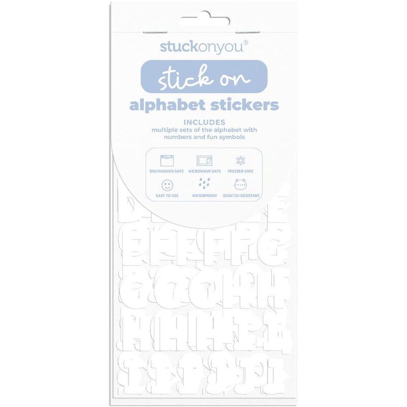 Stuck on You Novelry Alphabet Stickers, includes multiple Sets of Alphabets, Diswasher, Microwave, Freezer safe, scratch resistant.  White