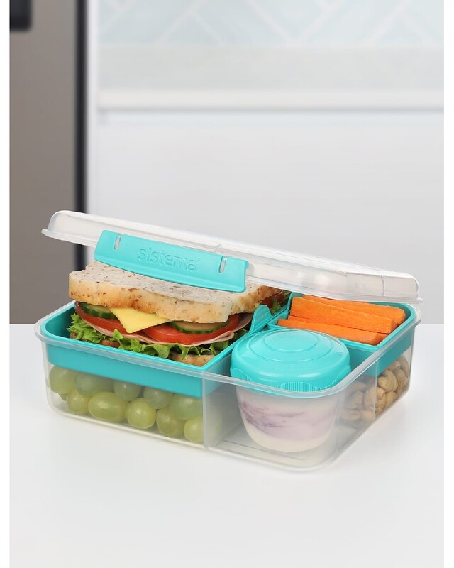 Sistema Bento Lunch To Go 1.65L, portable & Stackable for Work, Schools, featuring easy locking clip with multi-compartments. Is Microwave, Dishwasher safe and BPA Free, Green