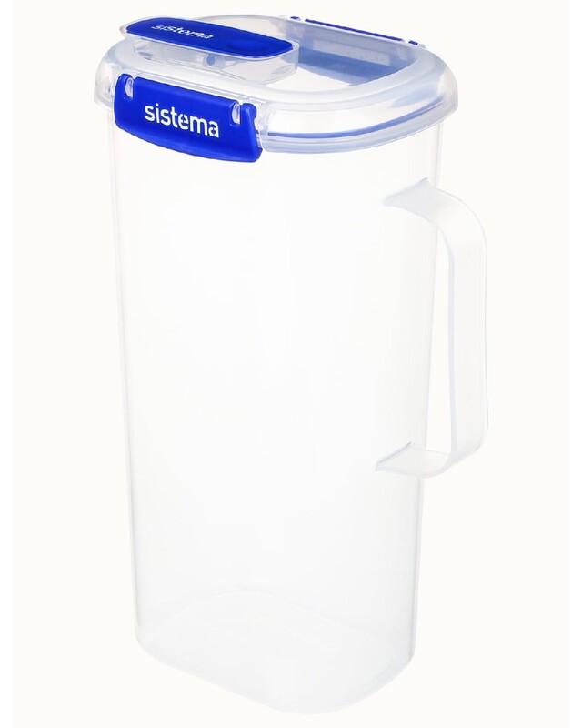 Sistema Klip It Plus 2 Liter Juice Jug, Stackable & Portable with built in leak proof seal, and Easy Locking Clips. Is Microwave, Dishwasher safe and BPA Free, Dark Blue Clips.